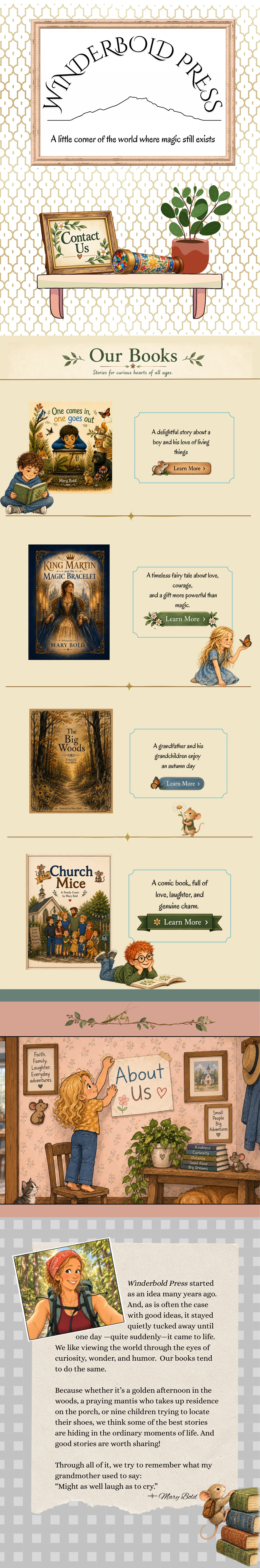 Winderbold Press home page featuring books, About Us, and the press story.